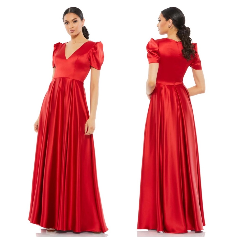 Mac Duggal Puff Sleeve V-Neck Ruby Red Satin Gown 26606